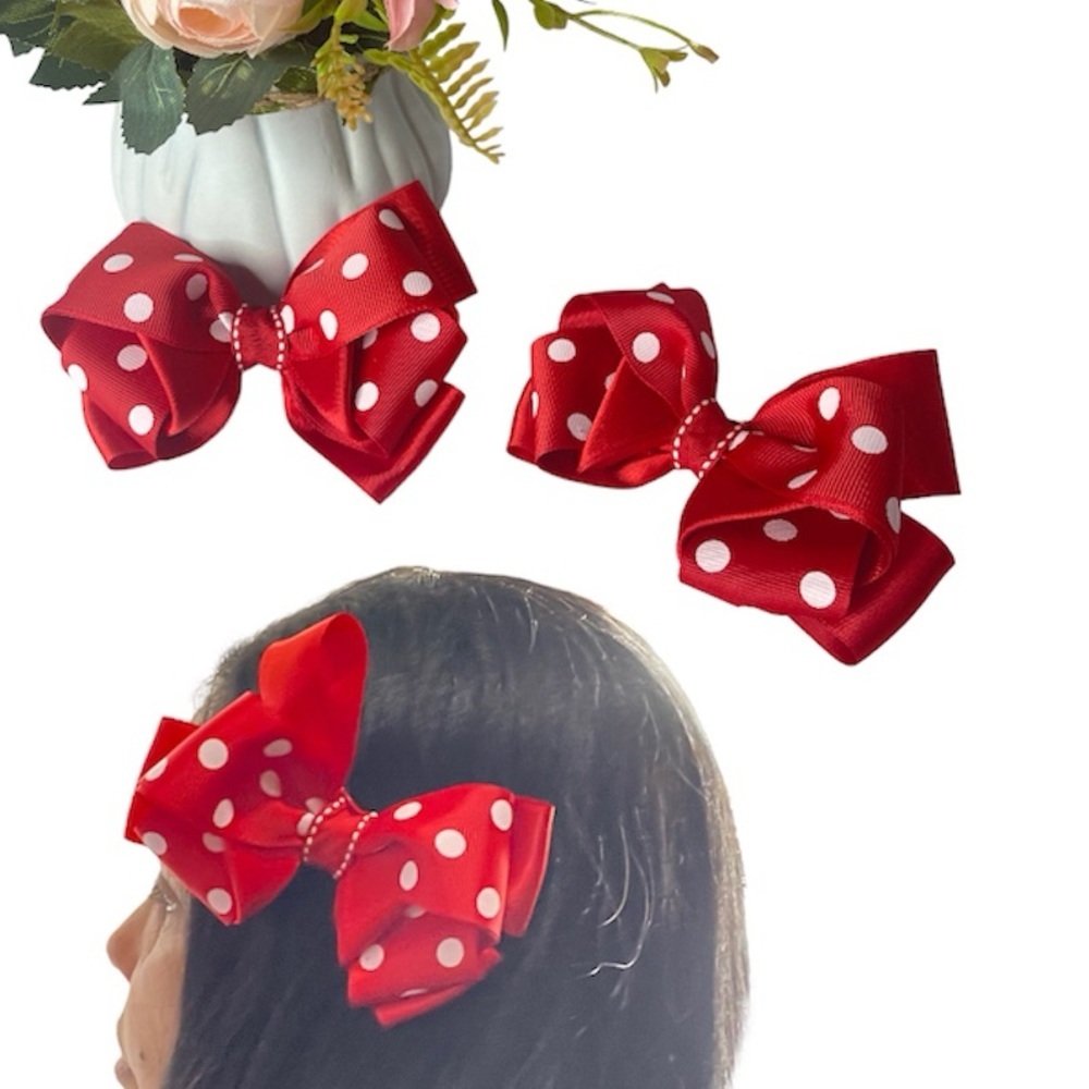 2 Pin Hair Bow Clip Hairpin For Girls Red 4.5 Inch polka dots